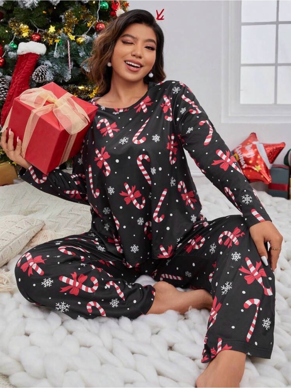 Women's Black Candy Cane Print Pajama Set - Holiday Sleepwear